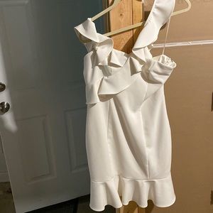 White ruffle half off shoulder dress- Likely Norvina Dress